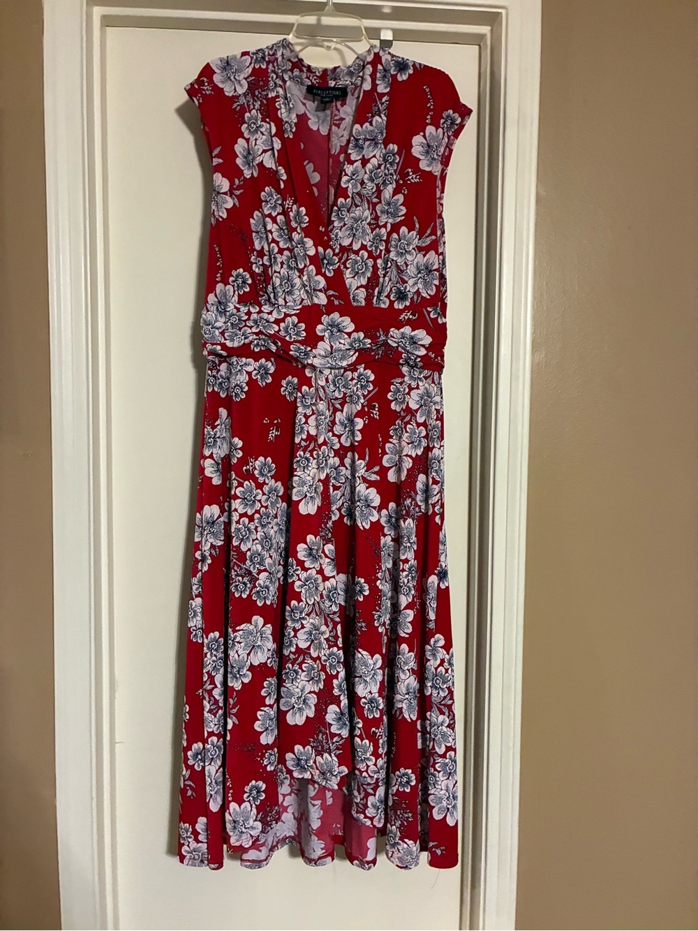 Red Floral Midi Dress with Faux-Wrap Bodice